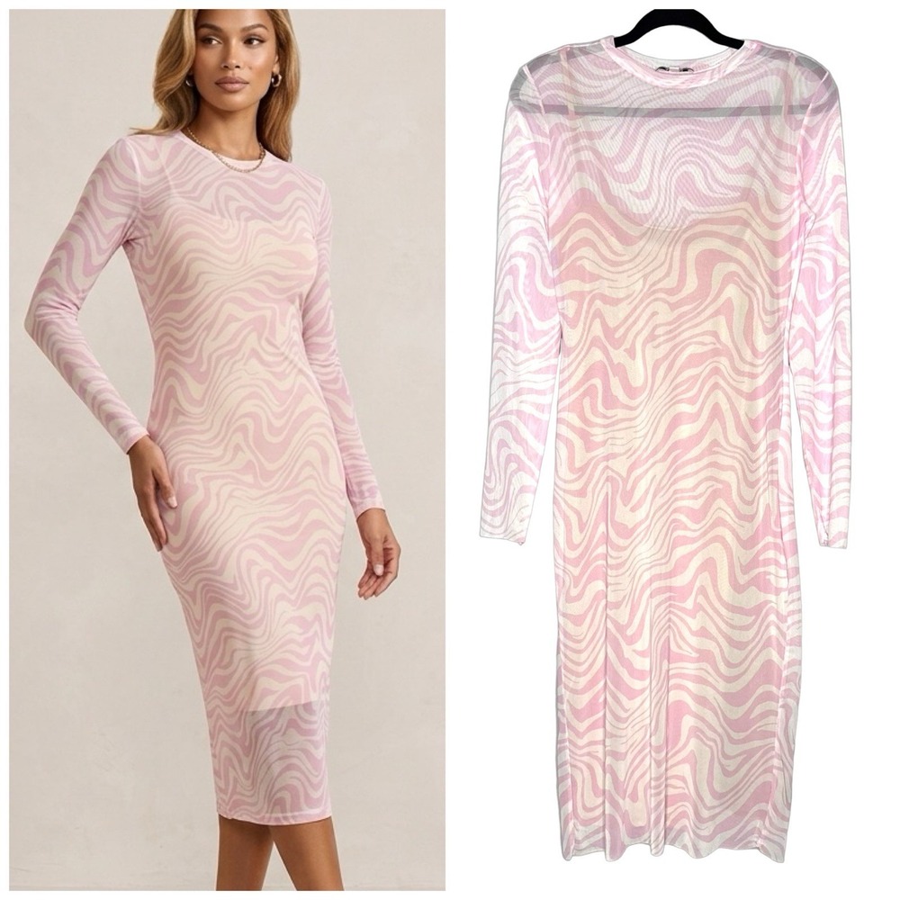 AFRM Loah Dress Medium Nude Pink Sheer Marble Long Sleeve Stretch‎ Mesh Midi